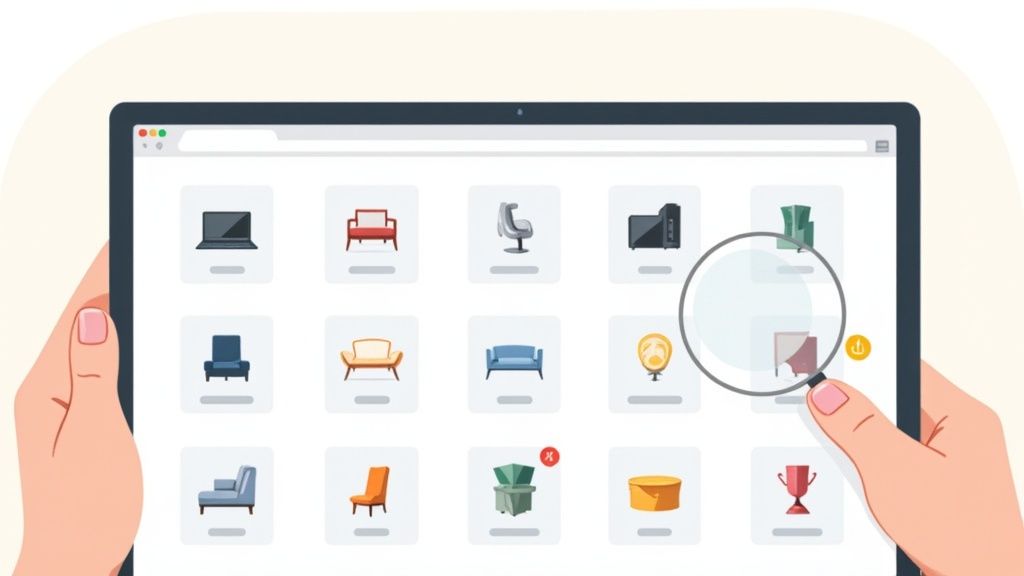 Hands holding a tablet displaying a digital inventory of various household items with a magnifying glass.