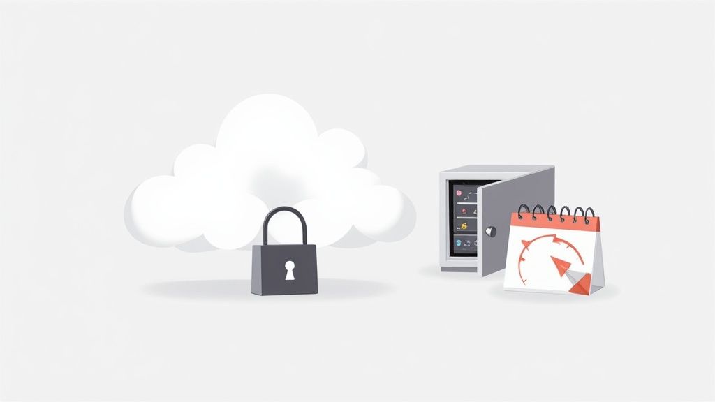 Cloud storage with padlock, open safe, and calendar illustrating secure digital home inventory management
