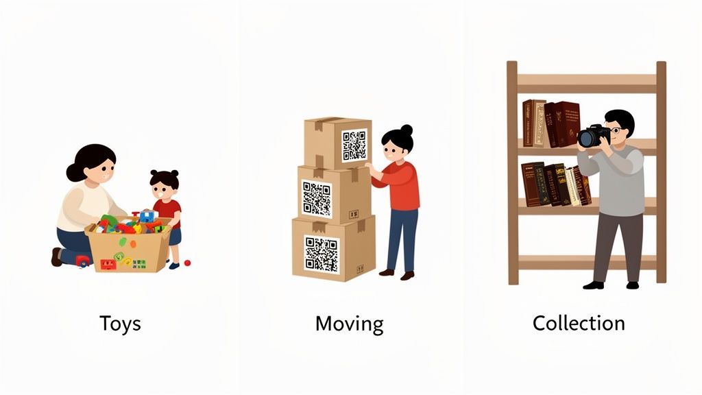 Illustrations showing a woman and child organizing toys, a person stacking moving boxes with QR codes, and a man photographing books.