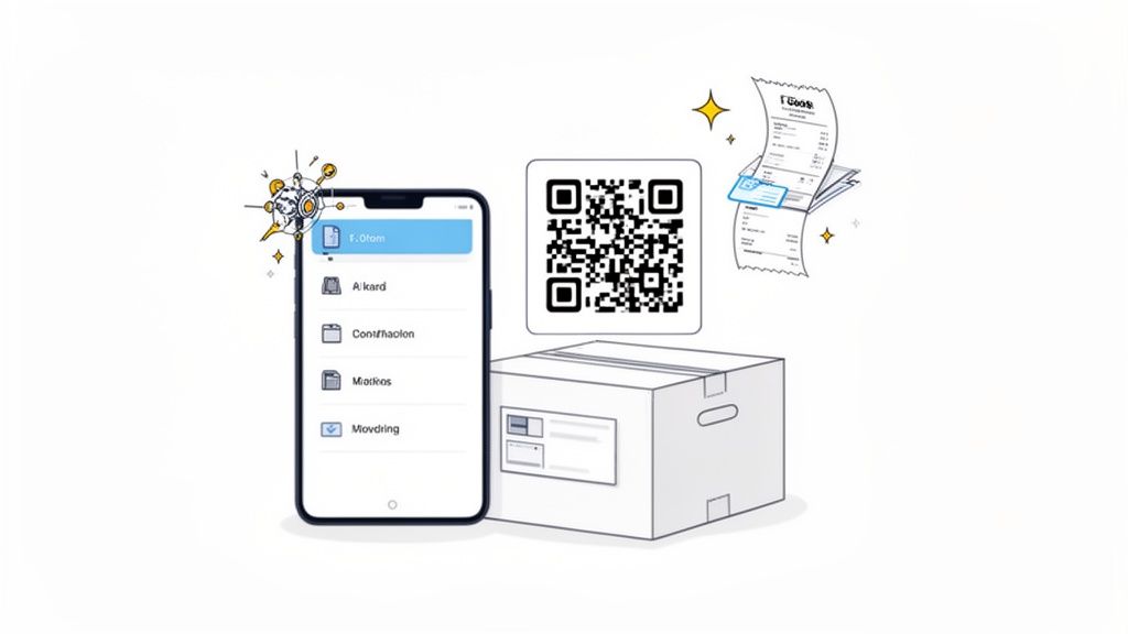 Digital inventory management with a smartphone app, QR code, receipts, and a shipping package.