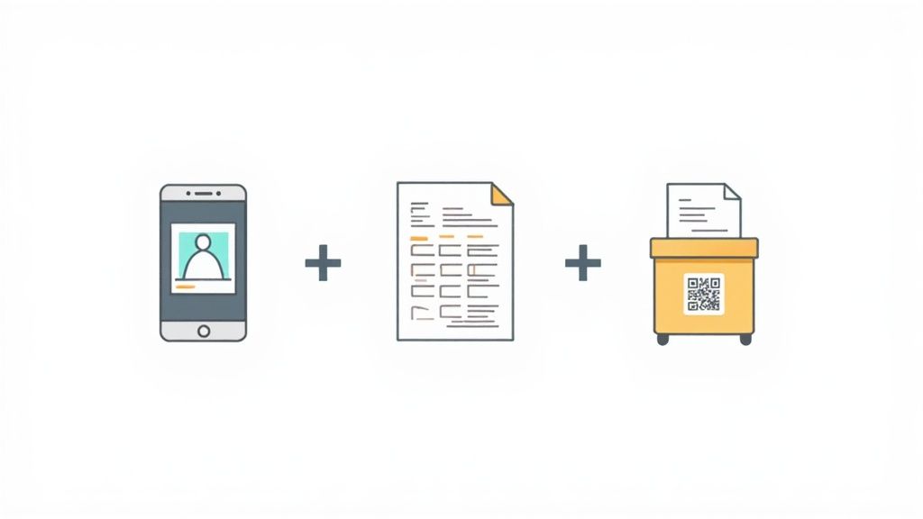 A person's hands using a smartphone to scan a QR code on a storage box, illustrating simple inventory management with modern tools.