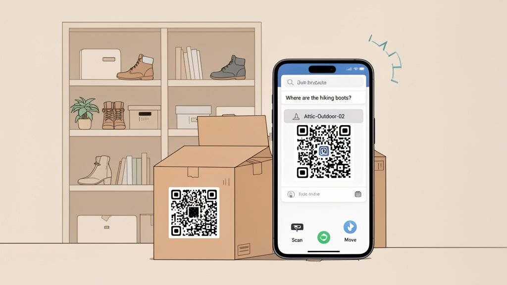 A smartphone scans a QR code on a moving box, showing item location for hiking boots on screen.