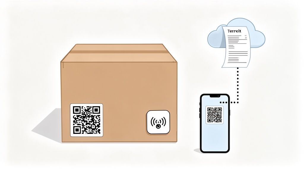 A cardboard box with QR code and NFC tag, a smartphone scanning a QR code, linking to a digital receipt in a cloud.