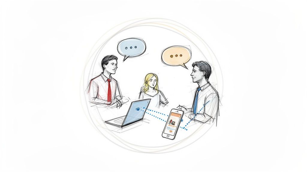 Illustration of three professionals collaborating around a table with a laptop and smartphone, featuring speech bubbles.