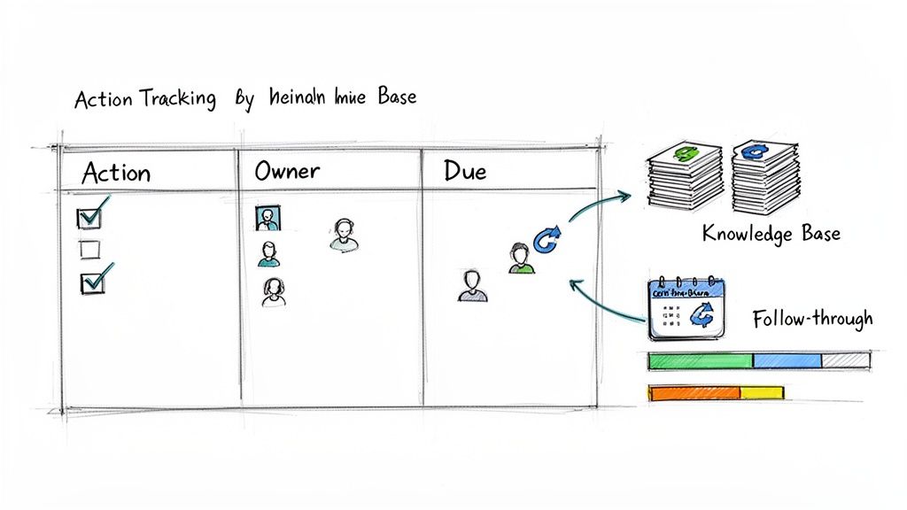 A whiteboard sketch illustrating action tracking with tasks, owners, due dates, knowledge base, and follow-through steps.