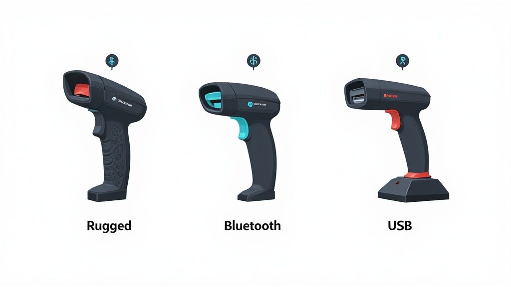 Three handheld barcode scanners, demonstrating rugged, Bluetooth, and USB connection types.