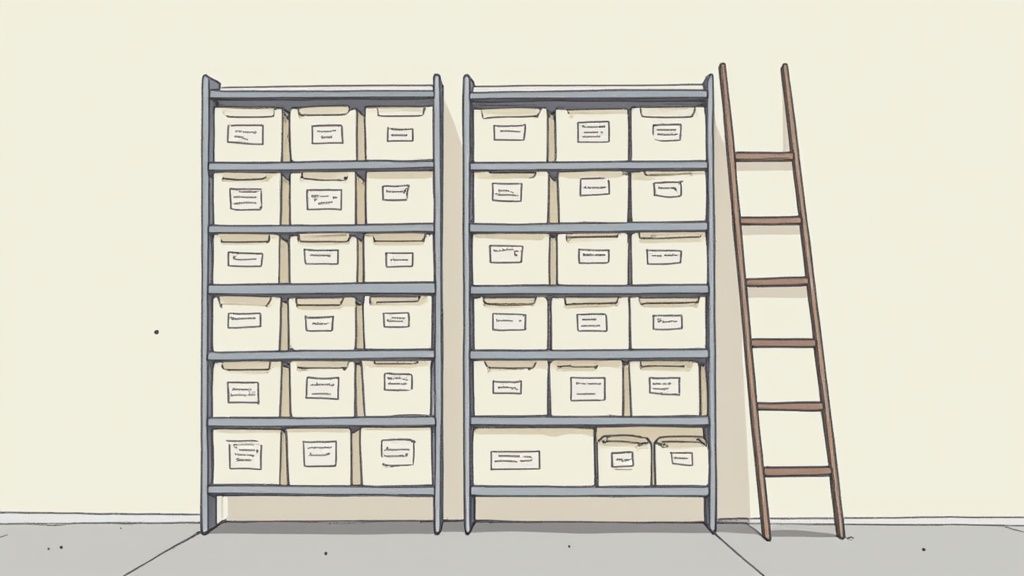 Two tall shelving units with organized white storage boxes and a wooden ladder against wall