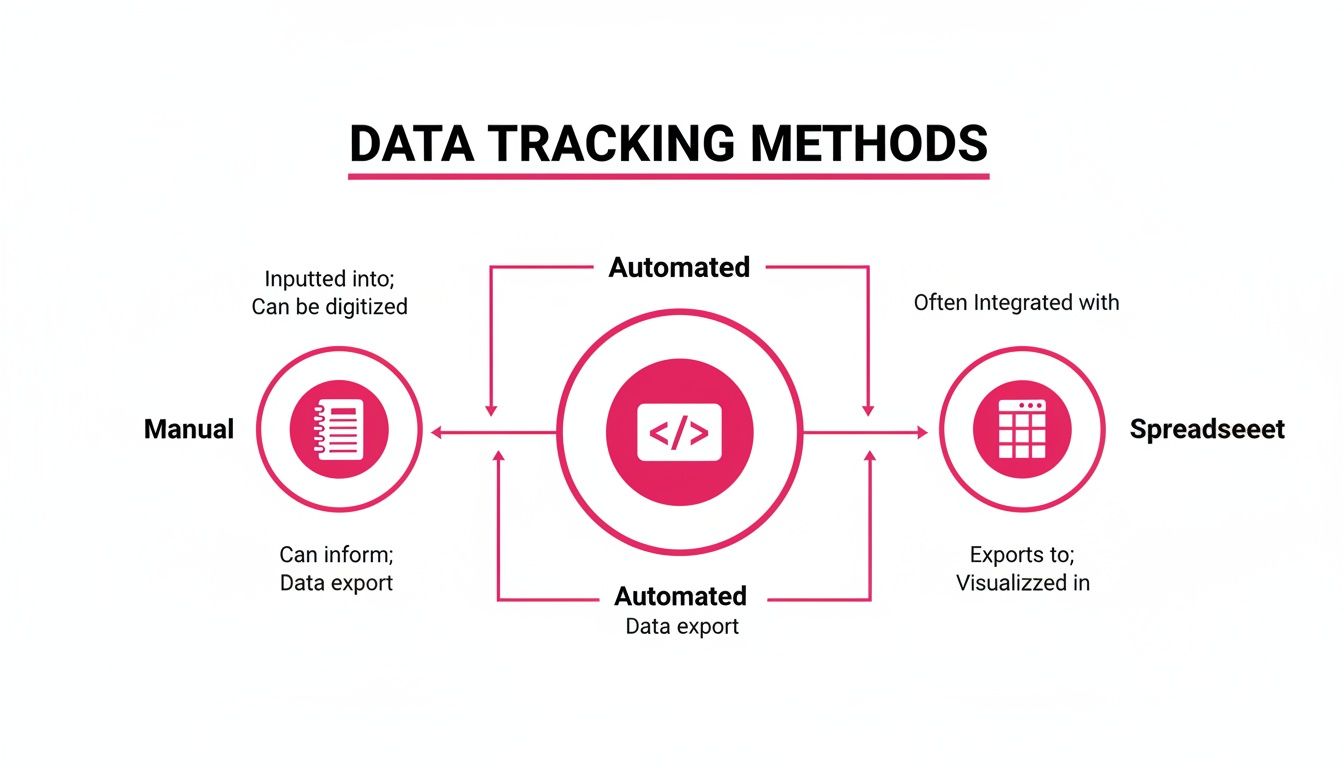 Diagram illustrating data tracking methods: Manual, Automated, and Spreadsheet, showing their integration and data flow.