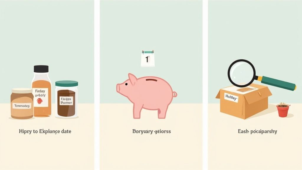 A cartoon illustration showing concepts of inventory management: products, savings, and package tracking.