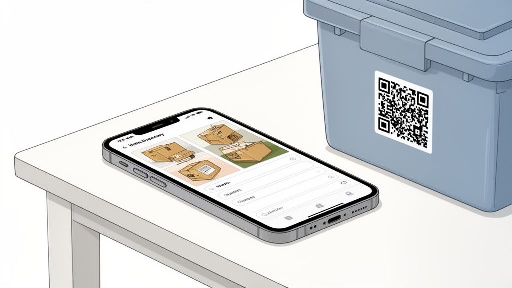Smartphone showing an inventory app with cardboard boxes, next to a QR-coded storage bin on a table.