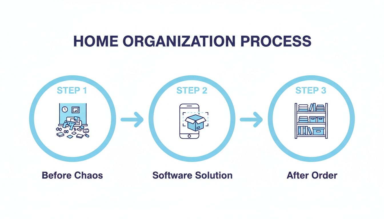 Infographic illustrating a home organization process: from a messy room, through a software solution, to an organized space.