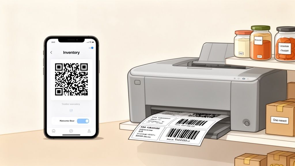 A smartphone displays a QR code for inventory management, while a printer prints barcode labels.