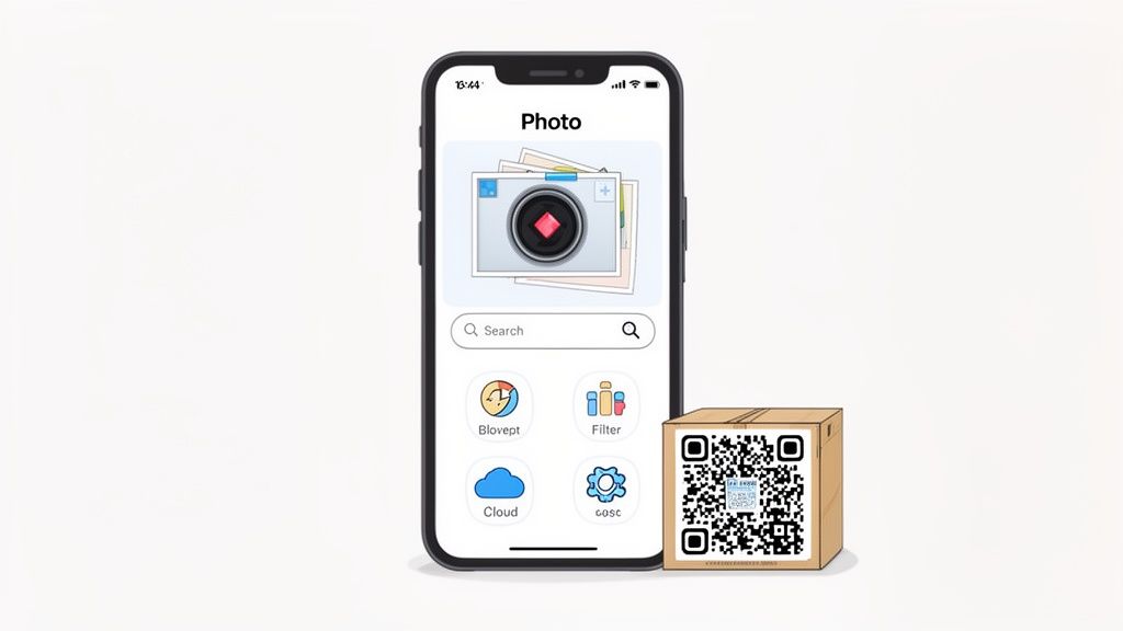Smartphone displaying a photo management app next to a cardboard box with a QR code for tracking.