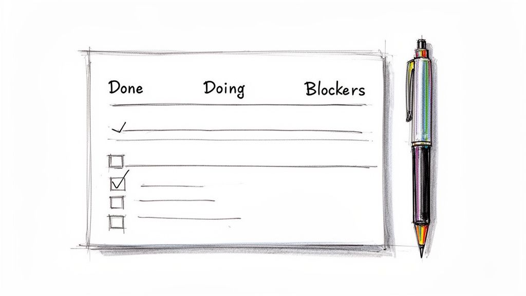A hand-drawn Kanban-style checklist with 'Done', 'Doing', and 'Blockers' columns, showing tasks completed and a pen.