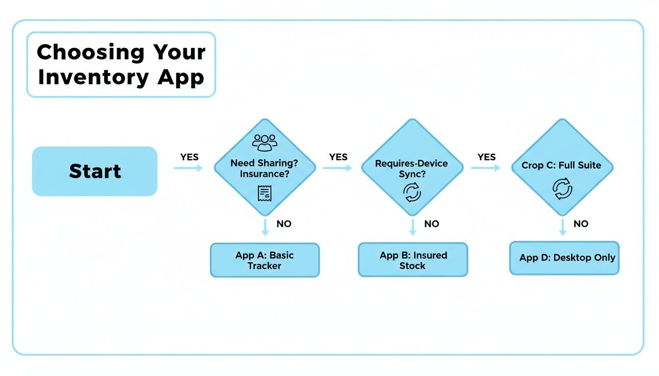 Flowchart illustrating the selection process for an inventory app based on sharing, insurance, and device sync requirements.