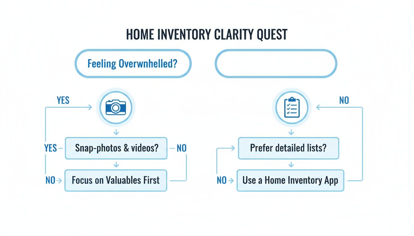 Flowchart guiding users through different home inventory methods based on preferences for photos or lists.