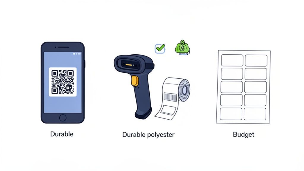 Three options for barcode and QR code tracking: durable smartphone scanning, durable polyester labels with scanner, and budget blank labels.