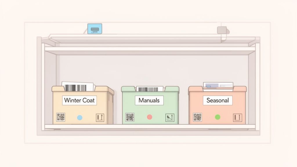 Three labeled boxes for 'Winter Coat', 'Manuals', and 'Seasonal' storage with barcodes and QR codes on a shelf.