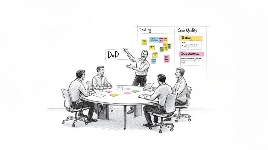 A meeting of men discussing agile 'Definition of Done' with a whiteboard, sticky notes, and a laptop.