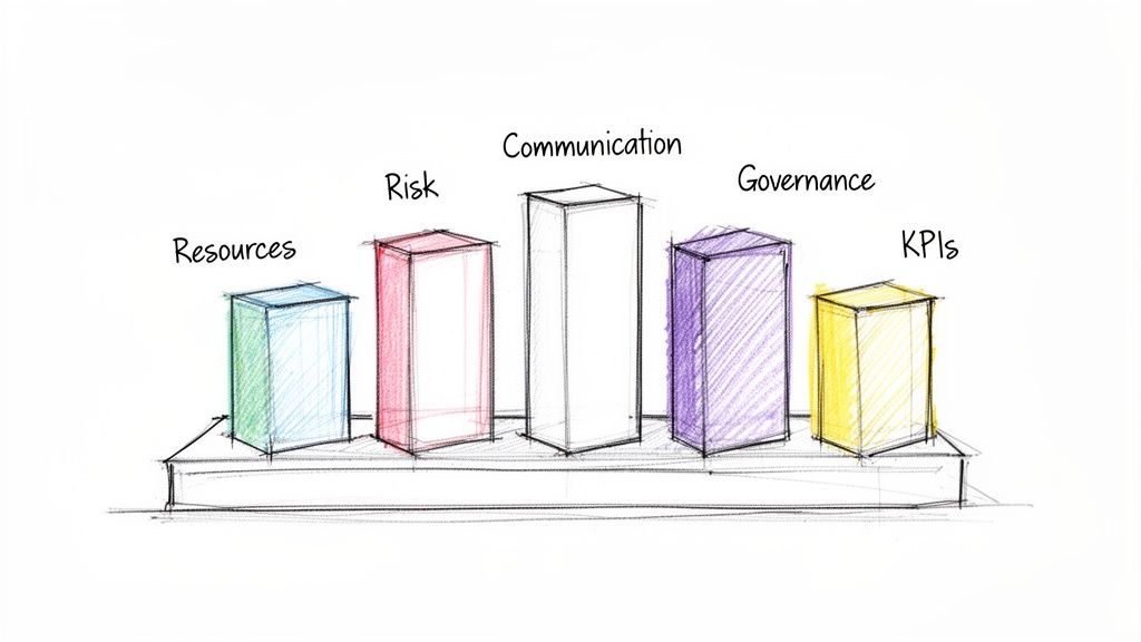 A hand-drawn bar chart representing key project management elements: Resources, Risk, Communication, Governance, and KPIs.