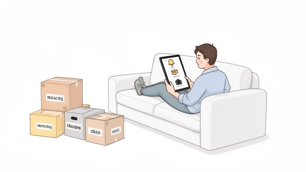 A person relaxing on a sofa, using a tablet to manage items, with moving boxes nearby.