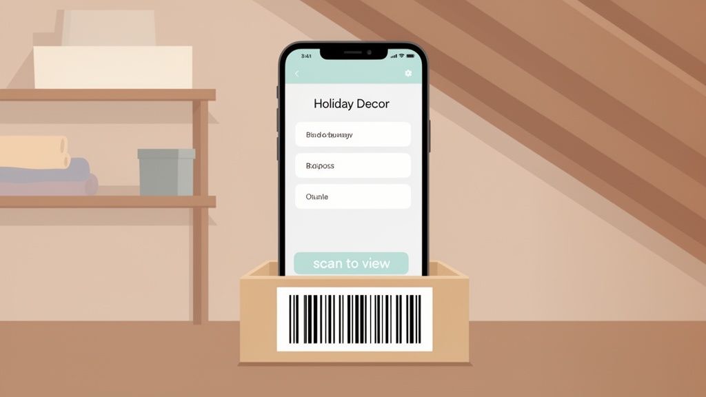 A smartphone app displaying a 'Holiday Decor' list within a barcode-labeled box for inventory.