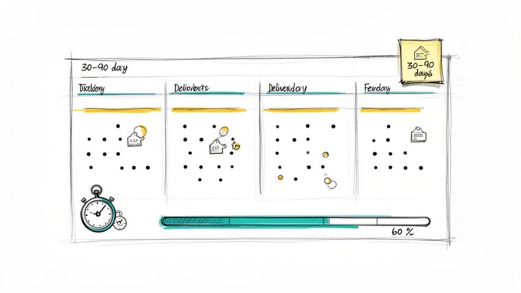 A whiteboard-style drawing displaying a project timeline with various tasks, icons, and a 60% completion progress bar.