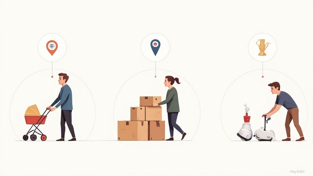 Three illustrations of people managing items: a man with a stroller, a woman with moving boxes, and a man with a robot vacuum.