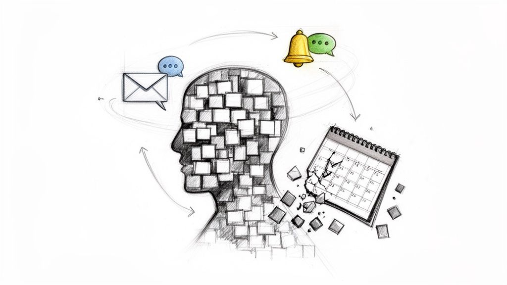 Sketch of a head overwhelmed by messages, notifications, and a shattered calendar, depicting poor focus.