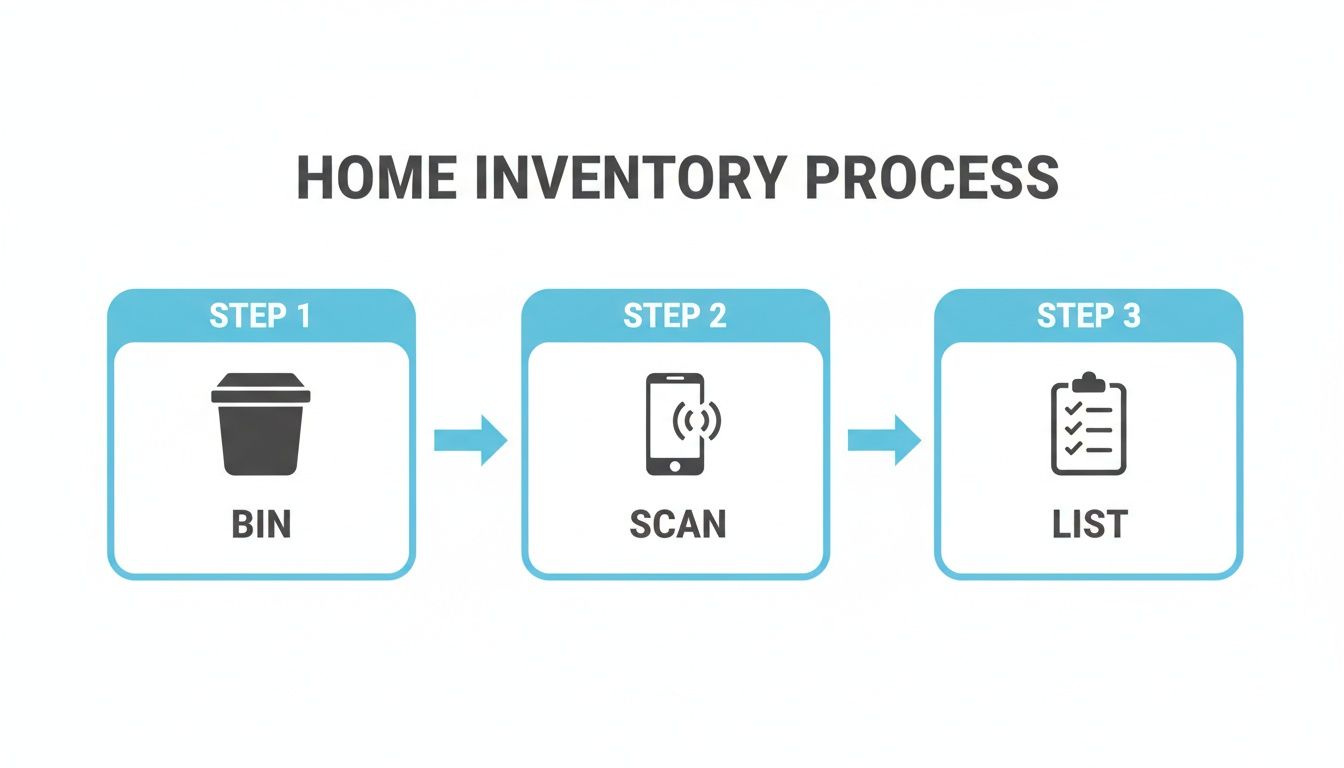 A three-step home inventory process: bin (trash can), scan (phone), and list (clipboard with checklist).
