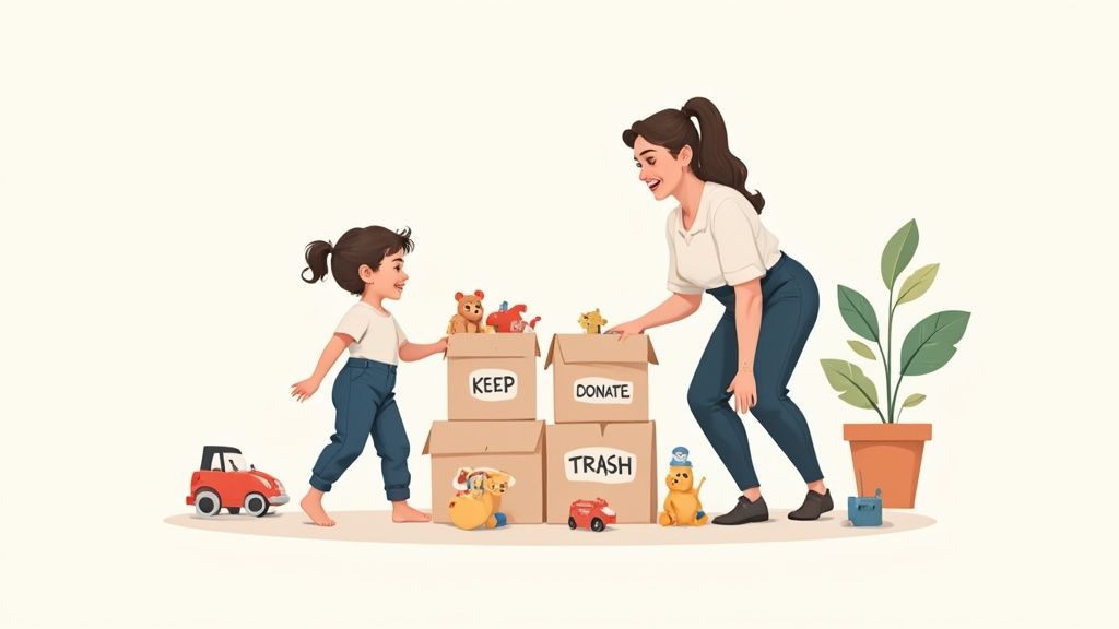 A mother and child sort toys into cardboard boxes labeled 'KEEP', 'DONATE', and 'TRASH'.