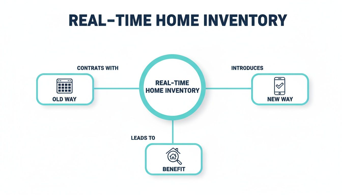A flowchart showing 'Real-Time Home Inventory' contrasting 'Old Way', introducing 'New Way', and leading to 'Benefit'.