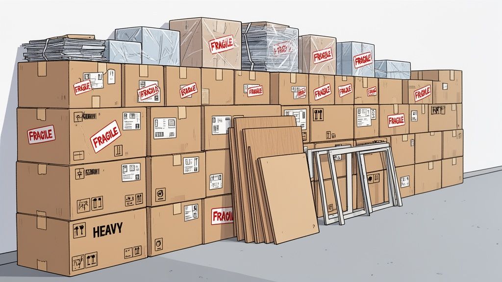 Stacked cardboard boxes, some labeled 'FRAGILE' and 'HEAVY', alongside wooden panels and window frames.