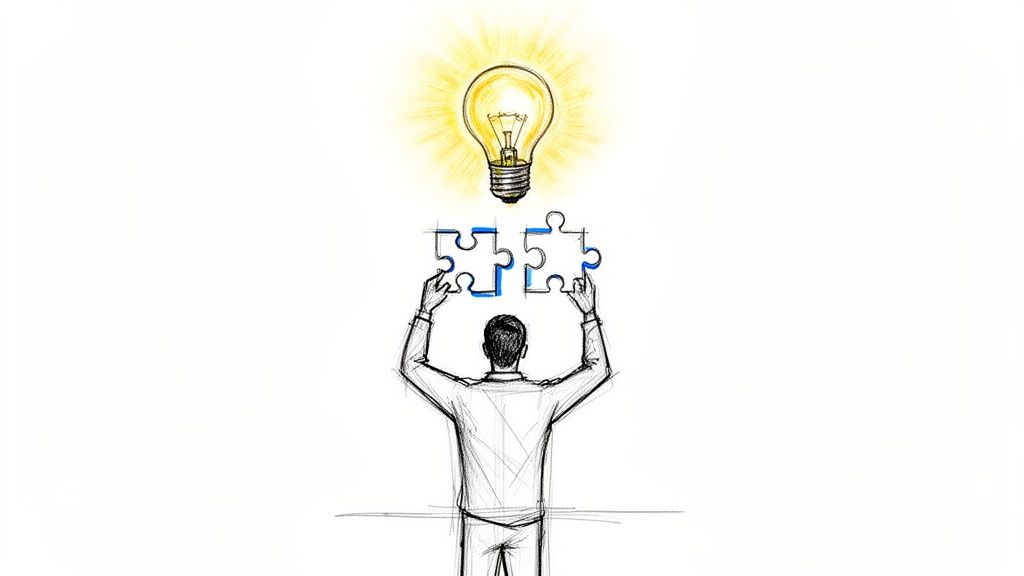 A person holding two puzzle pieces under a glowing lightbulb, symbolizing ideas and solutions.