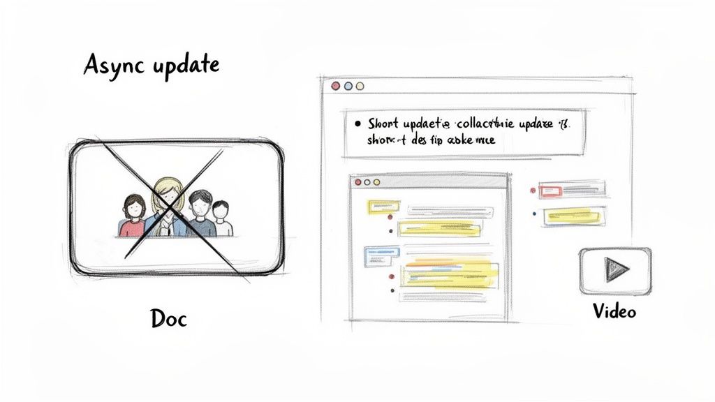 Diagram showing async updates for documents and video, with synchronous document collaboration crossed out.