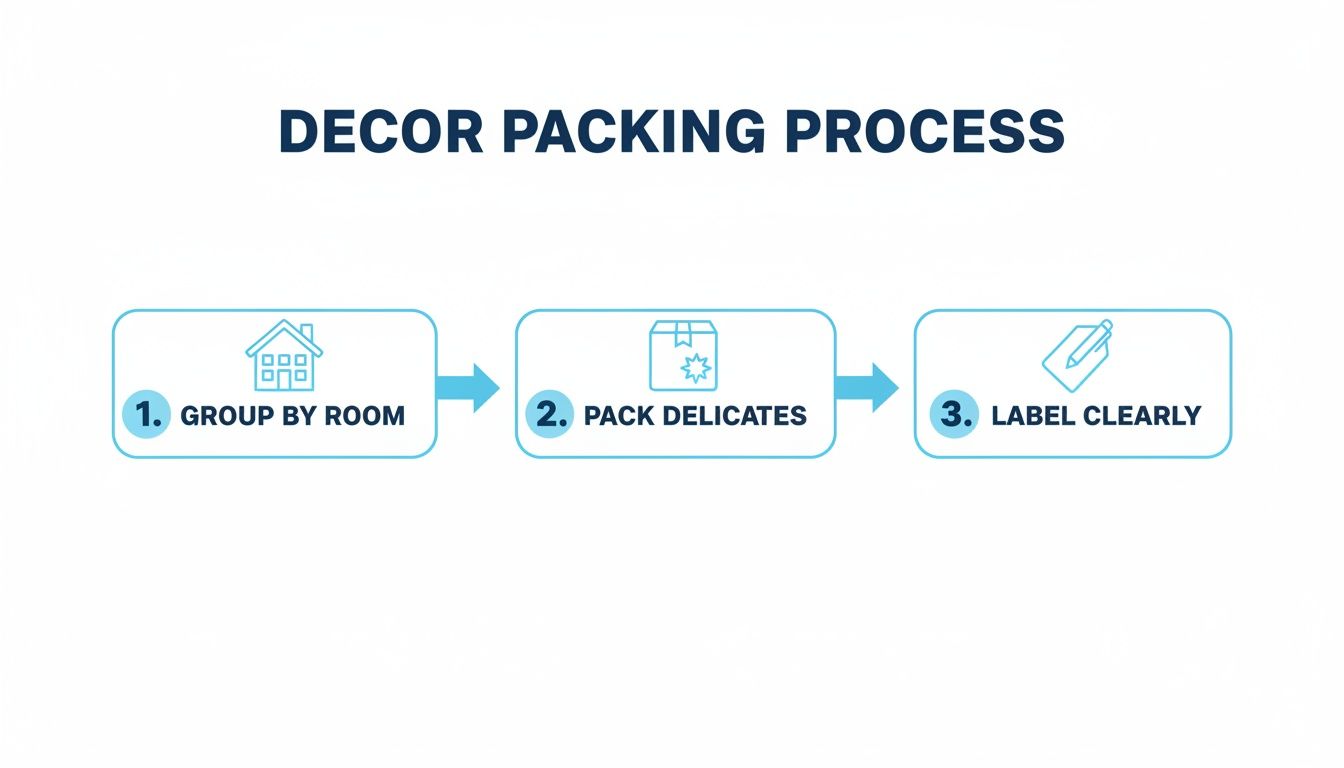 Infographic showing a three-step decor packing process: group by room, pack delicates, label clearly.
