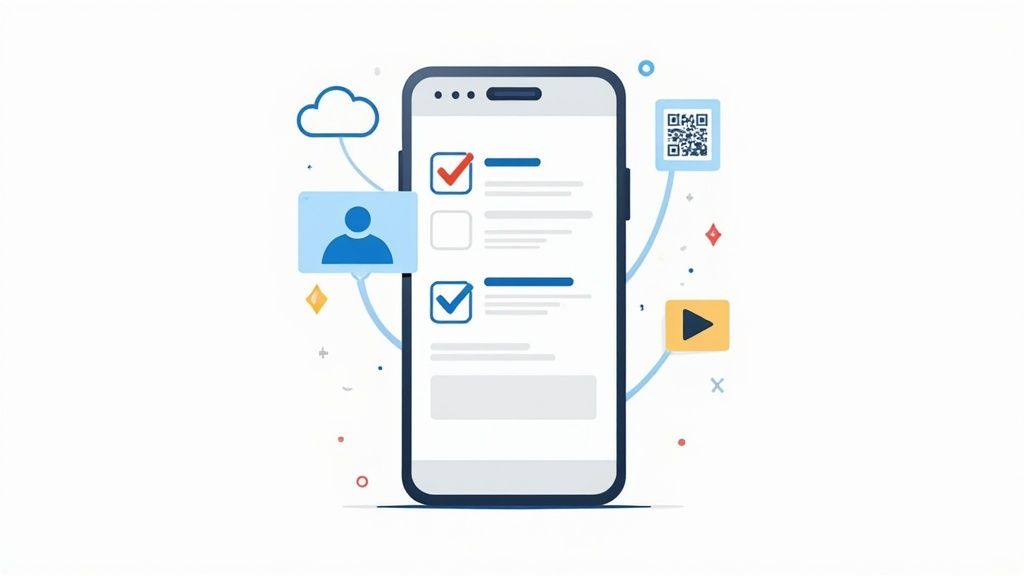 A smartphone screen showing a checklist app, surrounded by icons for cloud, user, QR code, and video, representing digital management.