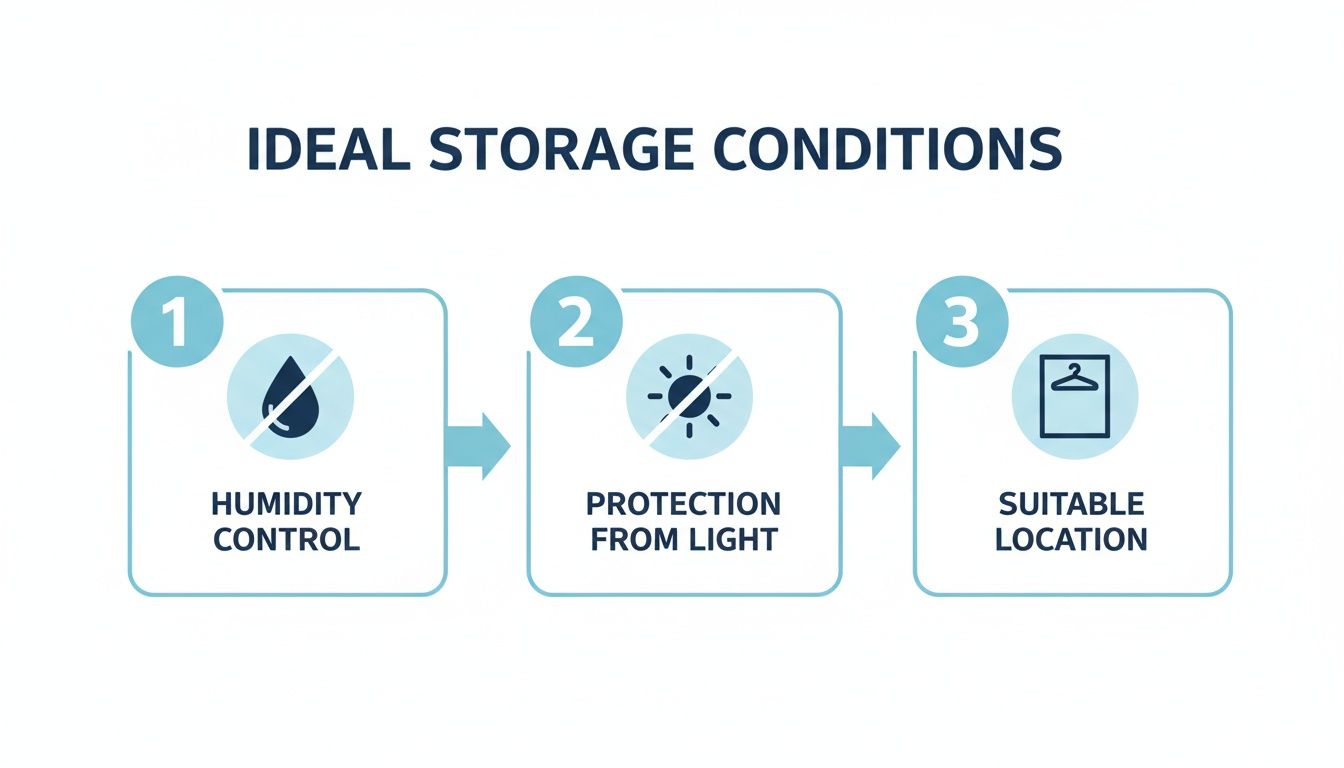 An infographic showing ideal storage conditions: humidity control, protection from light, and suitable location.
