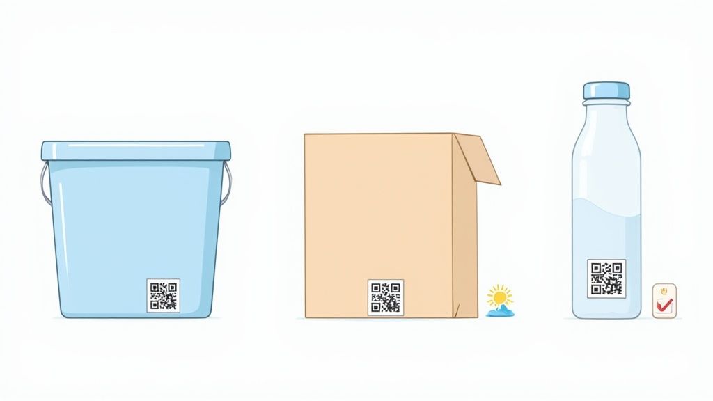 Three common items: a bucket, cardboard box, and water bottle, each displaying a QR code.