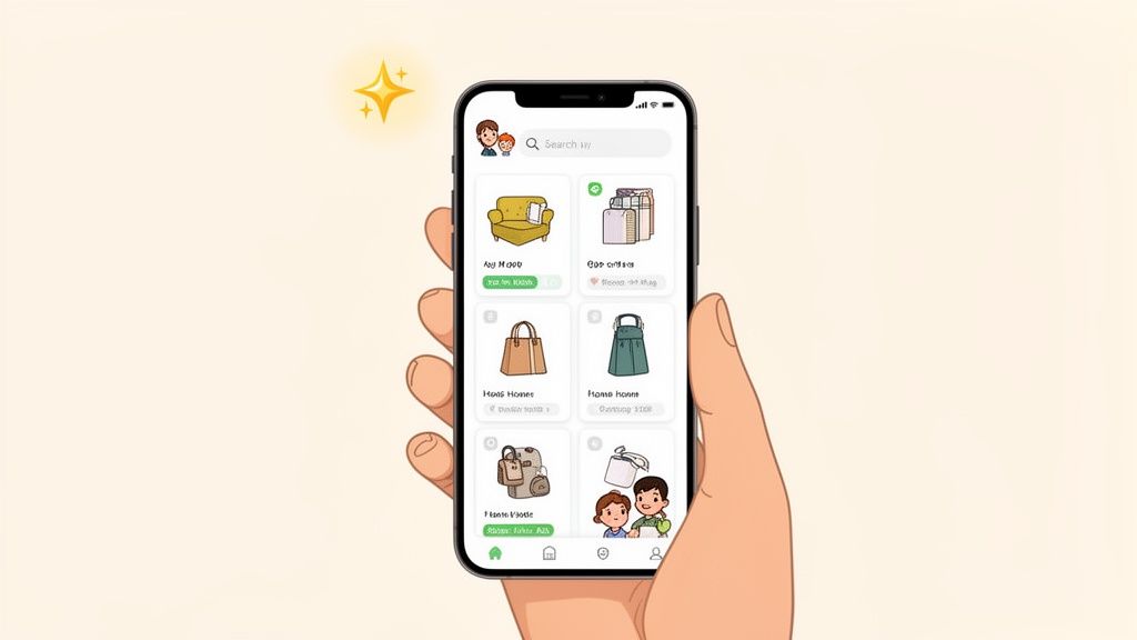 A hand holding a smartphone displaying a mobile app interface with various product listings and search bar.