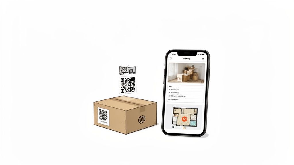 A phone app displays inventory details of a box, scanned via QR code for tracking.