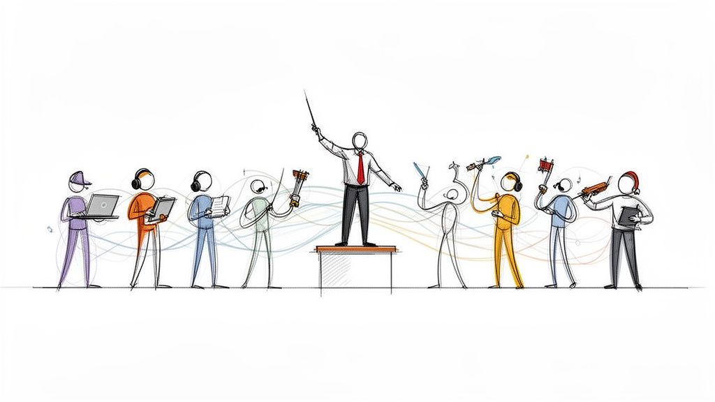 A diverse team of stick figures, some with tech, led by a conductor, symbolizing harmonious teamwork.
