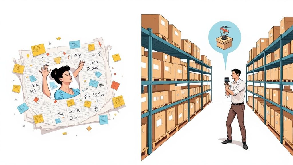 Illustration contrasting a woman buried in paperwork with a man efficiently scanning boxes in an organized warehouse.