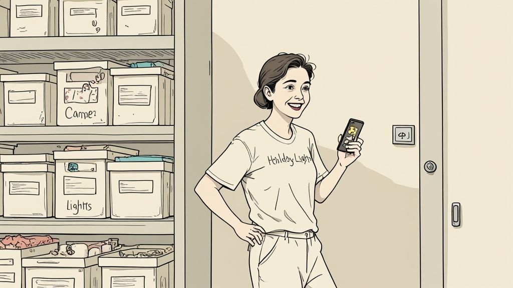 A smiling woman holds a smartphone in a storage room with shelves of neatly labeled boxes.
