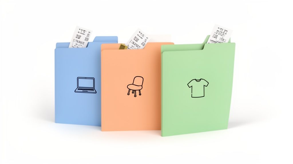Three colorful folders with receipts and icons: laptop, chair, and t-shirt, for organizing expenses.