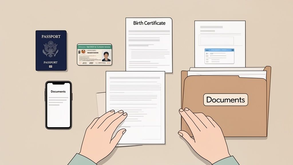 Hands organizing essential documents: passport, ID card, birth certificate, and digital files in a folder.