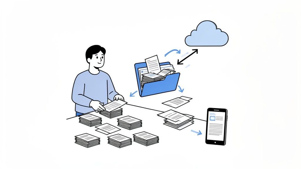 An illustration of a person digitizing paper documents, organizing them for cloud storage and mobile access.