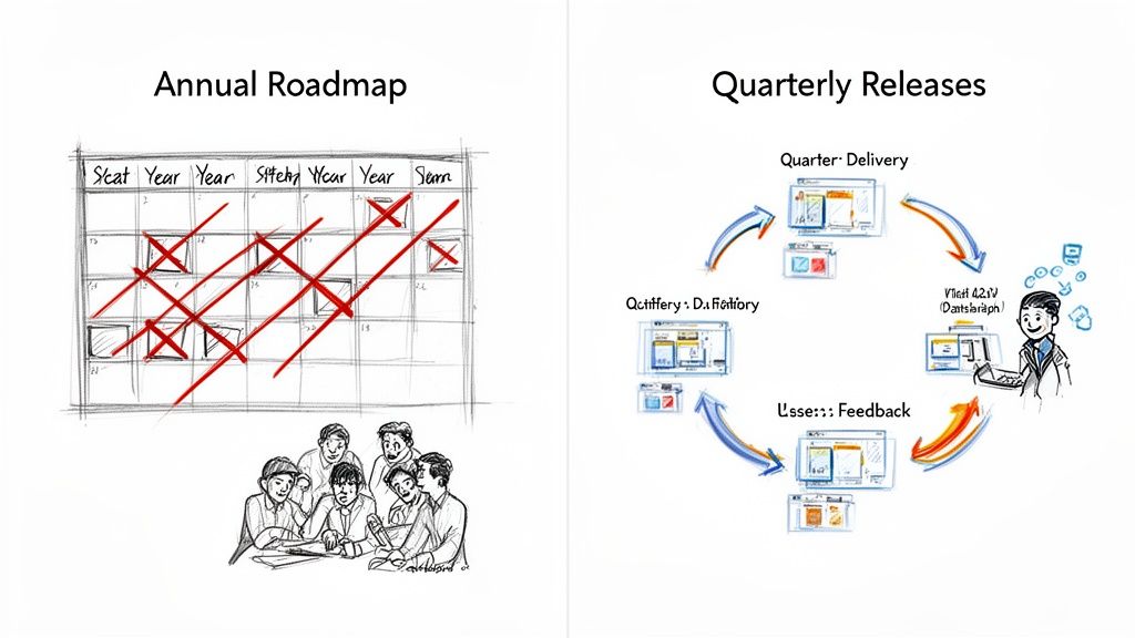 Illustration contrasting a failed annual roadmap with cross-outs and a smooth quarterly agile release cycle.