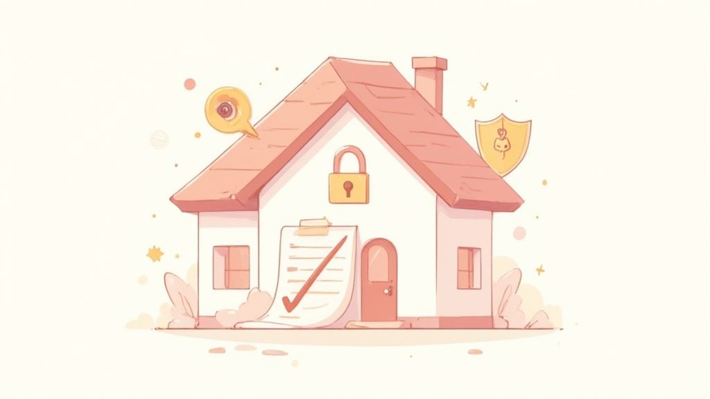 A charming cartoon house with a padlock, a checklist, and security icons.