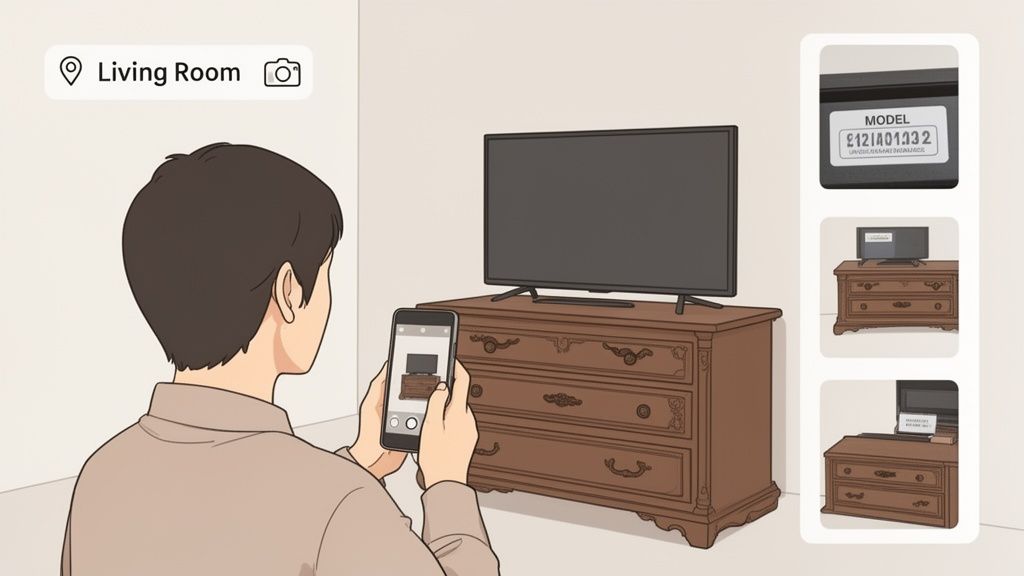 Person using smartphone to photograph a television and its model number for inventory in a living room.